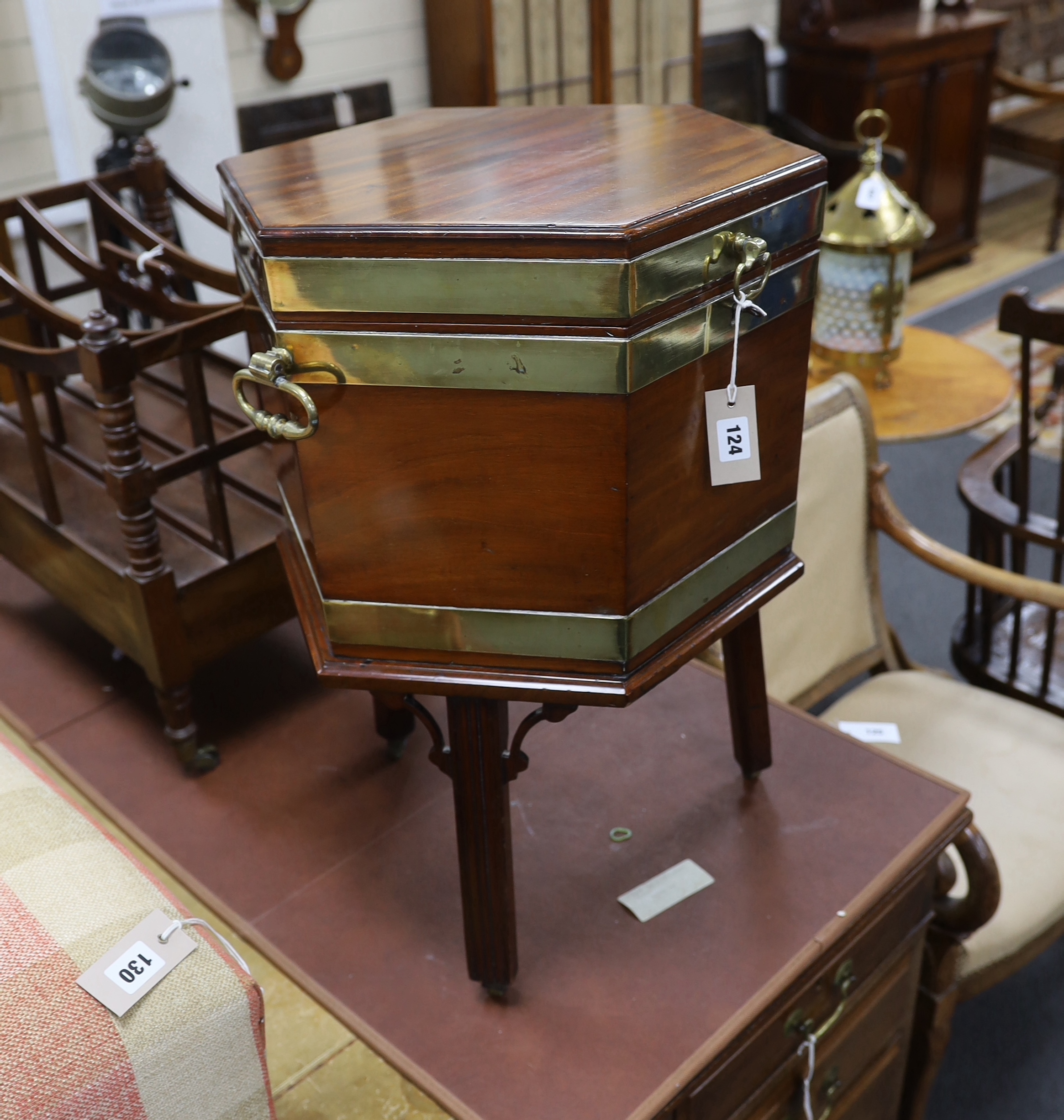 A George III hexagonal brass-bound wine cooler, width 48cm, height 66cm